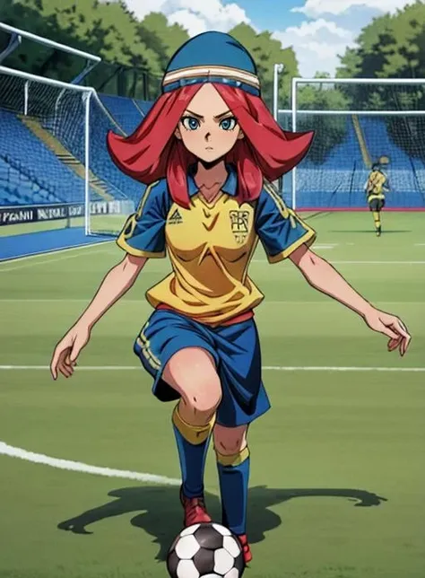 best quality, (masterpiece),(ultra-detailed), (high quality), (high resolution),  <lora:Victoria:0.7>,victoria vanguard, blue eyes, red hair, hat,outdoors, raimon soccer uniform, <lora:add_detail:0.7>