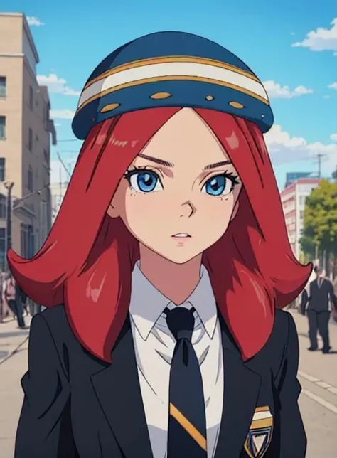 best quality, (masterpiece),(ultra-detailed), (high quality), (high resolution),  <lora:Victoria:0.7>,victoria vanguard, blue eyes, red hair, hat,necktie, black jacket, outdoors,