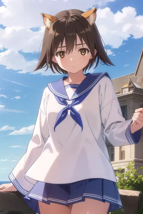 yoshikamiyafuji, <lora:yoshika miyafuji anime-lora-nochekaiser:1>,
yoshika miyafuji, short hair, brown hair, animal ears, (brown eyes:1.5), dog ears, dog tail, dog girl,
BREAK school uniform, serafuku, shirt, white shirt, long sleeves, blue sailor collar, neckerchief, blue neckerchief,
BREAK outdoors, ship, ocean, sun, sky, clouds,
BREAK looking at viewer, (cowboy shot:1.5),
BREAK <lyco:GoodHands-beta2:1>, (masterpiece:1.2), best quality, high resolution, unity 8k wallpaper, (illustration:0.8), (beautiful detailed eyes:1.6), extremely detailed face, perfect lighting, extremely detailed CG, (perfect hands, perfect anatomy),