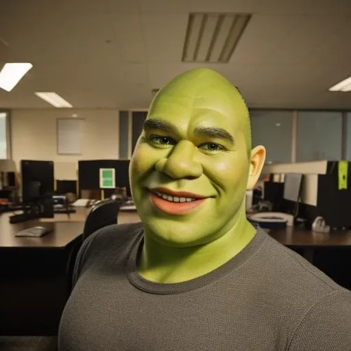 professional portrait of Shrek, in office background (pores:0.9) <lora:Professional_Portrait_1.5-000008:1>