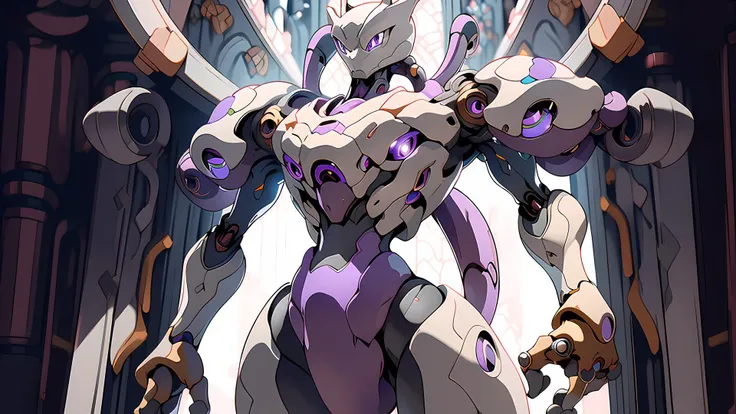 abstract style anime artwork (Hyper detailed purple eyes:0.9) robort mewtwo together robot skin ,<lora:mewtwo:1> ((best quality)), ((masterpiece:1.4)), (extremely detailed), (8k, high quality, cinematic, hyperrealistic), <lora:FINAL Robort:1>, <lora:LightingVFX:1>, anime style, key visual, vibrant, studio anime, highly detailed, non-representational, colors and shapes, expression of feelings, imaginative, highly detailed, artificial light