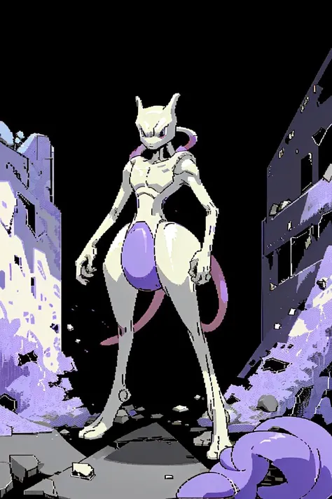masterpiece, best quality, mewtwo, solo, pokemon_creature,  <lora:Char - Mewtwo:0.8>  white skin, purple skin,  <lora:Style - c64Graphics:0.85> old video game, 90s video game, c64graph of mewtwo standing on top of broken building,