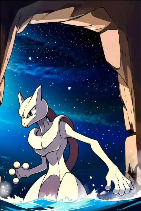 mewtwo, solo, pokemon_creature, non-human, <lora:mewtwo:0.9>, solo, masterpiece, best quality, highly detailed, clean lines, cowboy shot, good hands, good fingers, good eyes,, hd, 8k, trending, professional, symmetrical, hires, 8k, <lora:add_sharpness:0.6> <lora:epi_noiseoffset2:0.6> , sugimori ken \(style\), high-definition, ultra-detailed, <lora:pokemon_v3_offset:0.8>, stars, outdoors, cave ,water lake, beautiful, detailed background, mountains, hills