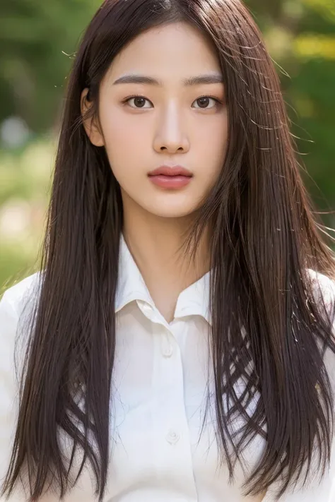 20 years old woman, RAW photo,(bokeh:1.2) (photorealistic:1.4, realistic), highly detailed CG unified 8K wallpapers, 1girl, ((slender body:1)), looking at viewer, ((straight from front)), (HQ skin:1.4), 8k uhd, dslr, soft lighting, high quality, film grain, Fujifilm XT3, ((upper body shot:1.2)), ((white collared shirt)), (((outdoor, at park))) , <lora:newjeans-minji-V1:0.8> ((long brown hair))