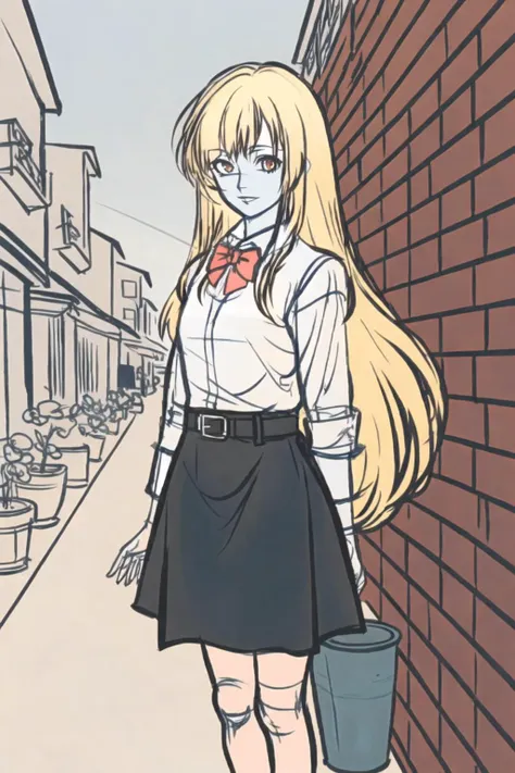 girl, long blonde hair, brown eye, white shirt, in alley, blue sky, brick wall, flower pot,looking at viewer, black skirt, black belt, red bowtie <lora:R2W_draft:1>