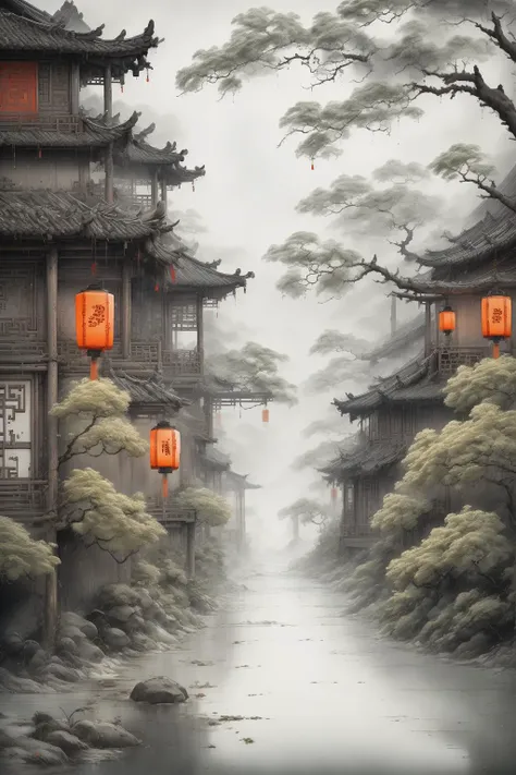 traditional chinese landscape,<lora:traditional chinese landscape_20231205103257:0.8>,guofeng,<lora:20231121-1700528741622:0.6>,
masterpiece,best quality,ultra-detailed,
A wisp of homesickness,the unique Chinese homesickness complex,the landscape of the water town,the black caravan,the low old house,the lantern,the dim light,the drizzle,the Chinese aesthetics,Zen,Zen composition,