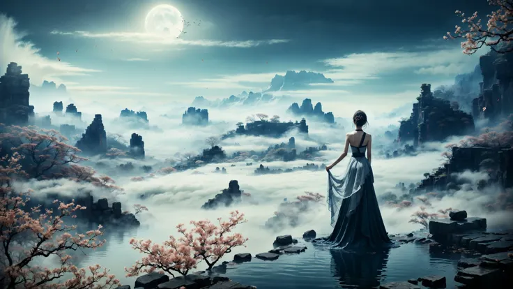 traditional chinese landscapemasterpiece, best quality,Peach blossoms, petals falling(wide shot, wide-angle lens,Panoramic:1.2),super vista, super wide AngleLow Angle shooting, super wide lens, 1girl, art direction of a character in traditional oriental costume, in the style of ethereal, ghostly figures, mist, i can't believe how beautiful this is, white and gray, swirling vortexes, ethereal cloudscapes, feminine sensibilities
<lora:~Q?-l4Nafo traditional chinese landscape:0.8>