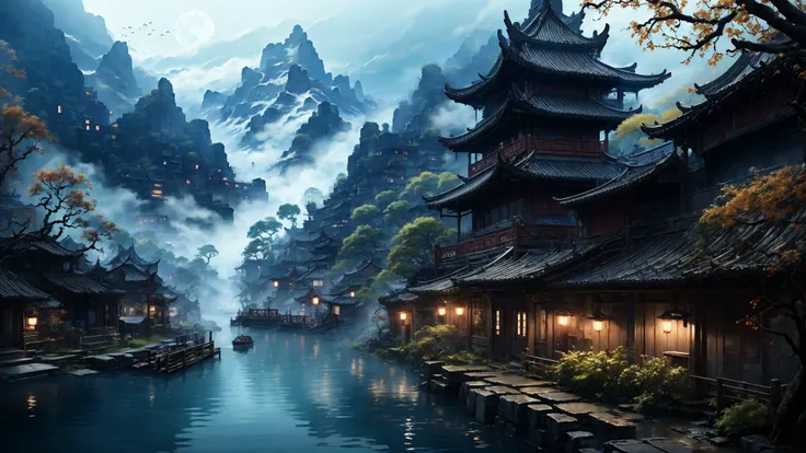traditional chinese landscapemasterpiece, best quality, 32k uhd, insane details, intricate details, hyperdetailed, hyper quality, high detail, ultra detailed, Masterpiece,
 <lora:~Q?-l4Nafo traditional chinese landscape:0.8>