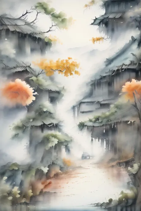 traditional chinese landscape,<lora:traditional chinese landscape_20231205103257:1>,watercolor painting,<lora:20230921-1695273159845:0.9>,guofeng,<lora:20231121-1700528741622:0.7>,
masterpiece,best quality,ultra-detailed,
A wisp of homesickness,the unique Chinese homesickness complex,the landscape of the water town,the black caravan,the low old house,the lantern,the dim light,the drizzle,the Chinese aesthetics,Zen,Zen composition,