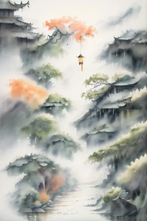 traditional chinese landscape,<lora:traditional chinese landscape_20231205103257:1>,watercolor painting,<lora:20230921-1695273159845:0.9>,guofeng,<lora:20231121-1700528741622:0.7>,
masterpiece,best quality,ultra-detailed,
A wisp of homesickness,the unique Chinese homesickness complex,the landscape of the water town,the black caravan,the low old house,the lantern,the dim light,the drizzle,the Chinese aesthetics,Zen,Zen composition,