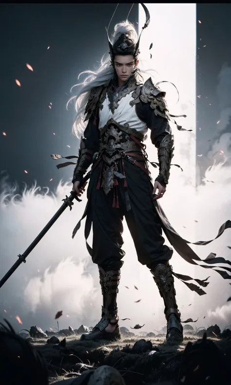 (dramatic, gritty, intense:1.4),masterpiece, best quality, 8k, insane details, intricate details, hyperdetailed, hyper quality, high detail, ultra detailed, Masterpiece, (Black background:1.5),
1boy,male focus,solo, holding weapon,holding polearm,spear, armor, breastplate,shoulder armor,FH,
long hair,white hair,helmet,ponytail,
east asian architecture,
A shot with tension(Visual impact,giving the poster a dynamic and visually striking appearance:1.2),Chinese Zen style,impactful picture,
<lora:~Q?-v}Q:0.9>