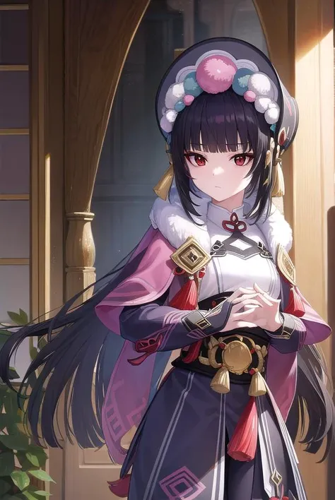 yunjin, <lyco:yunjin-lyco-nochekaiser:1>,
yun jin, black hair, blunt bangs, braid, eyeshadow, long hair, makeup, purple hair, (red eyes:1.5), red eyeshadow, (small breasts:1.2),
BREAK black footwear, boots, chinese clothes, fur trim, hat, knee boots, long sleeves, pantyhose, pom pom (clothes), purple pantyhose,
BREAK indoors, theater,
BREAK looking at viewer, (cowboy shot:1.5), upper body,
BREAK <lyco:GoodHands-beta2:1>, (masterpiece:1.2), best quality, high resolution, unity 8k wallpaper, (illustration:0.8), (beautiful detailed eyes:1.6), extremely detailed face, perfect lighting, extremely detailed CG, (perfect hands, perfect anatomy),