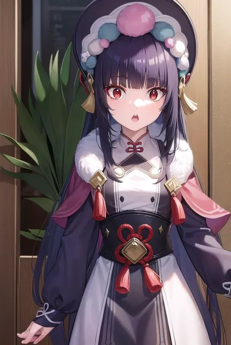 yunjin, <lyco:yunjin-lyco-nochekaiser:1>,
yun jin, black hair, blunt bangs, braid, eyeshadow, long hair, makeup, purple hair, (red eyes:1.5), red eyeshadow, (small breasts:1.2), <lora:surprised_v100:1>, <lora:talkmouth_U_v100:1>, open mouth,
BREAK black footwear, boots, chinese clothes, fur trim, hat, knee boots, long sleeves, pantyhose, pom pom (clothes), purple pantyhose,
BREAK indoors, theater,
BREAK looking at viewer, (cowboy shot:1.5), upper body,
BREAK <lyco:GoodHands-beta2:1>, (masterpiece:1.2), best quality, high resolution, unity 8k wallpaper, (illustration:0.8), (beautiful detailed eyes:1.6), extremely detailed face, perfect lighting, extremely detailed CG, (perfect hands, perfect anatomy),