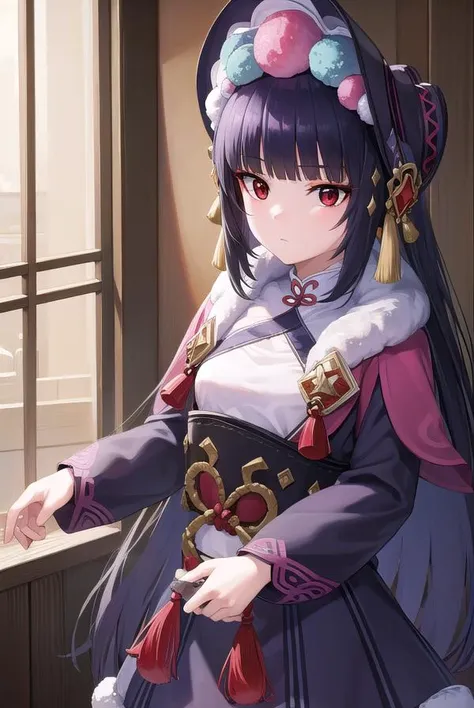 yunjin, <lyco:yunjin-lyco-nochekaiser:1>,
yun jin, black hair, blunt bangs, braid, eyeshadow, long hair, makeup, purple hair, (red eyes:1.5), red eyeshadow, (small breasts:1.2),
BREAK black footwear, boots, chinese clothes, fur trim, hat, knee boots, long sleeves, pantyhose, pom pom (clothes), purple pantyhose,
BREAK indoors, theater,
BREAK looking at viewer, (cowboy shot:1.5), upper body,
BREAK <lyco:GoodHands-beta2:1>, (masterpiece:1.2), best quality, high resolution, unity 8k wallpaper, (illustration:0.8), (beautiful detailed eyes:1.6), extremely detailed face, perfect lighting, extremely detailed CG, (perfect hands, perfect anatomy),