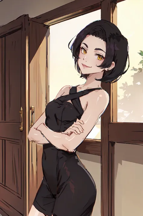 ((masterpiece,Highest quality:1.3,best quality illustration)),cowboy shot,独奏,1woman,18 year old beautiful girl、black hair,short bob hair,(center parted bangs),black eyes,(gorgeous eyes),shy,smile,((Slender,skinny)),tan skin,small breasts,(White short-sleeved shirt with collar、red bowtie,Navy blue pleated mini skirt),gleaming skin,oily skin,Slender body, Simple bedroom、Tokyo、