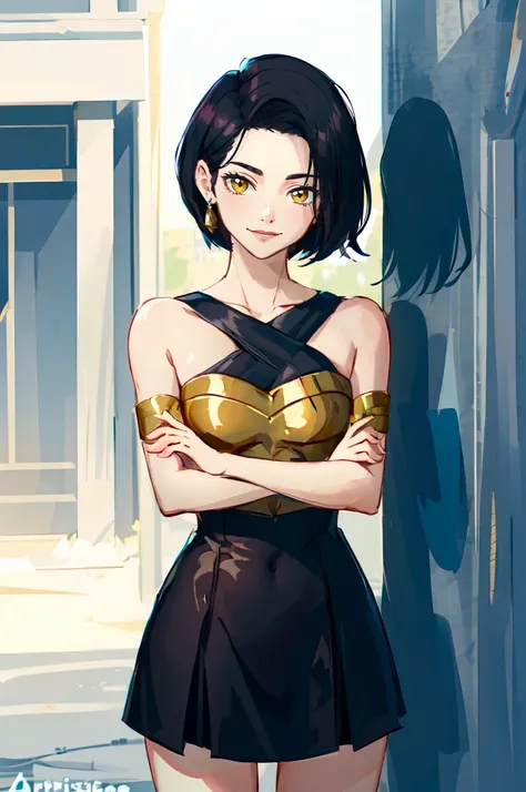 score_9, score_8_up, score_7_up, 1girl, standing, komi shouko, solo, anime, black hair, smirk, smile, tan, dark-skinned female, hadegalchainbelt, large o-rings, chain-belt, tight dress, masterpiece, ultra-detailed, 4k, look straight at viewer,