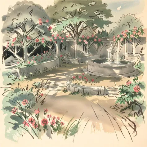 (masterpiece, best quality:1.2), (sketch:1.1), paper, no humans, outdoors, botanical sculpture garden, art, plant life, garden paths, statuary, water features, topiary, bronze, flowerpots, garden benches, fountains