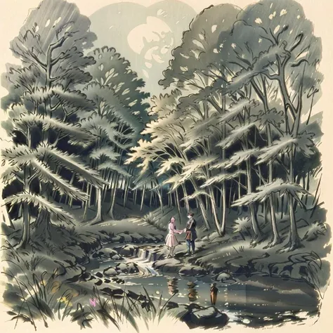 jchadel lovers in the forest by the stream <lora:jchadel-sd1.5:1>