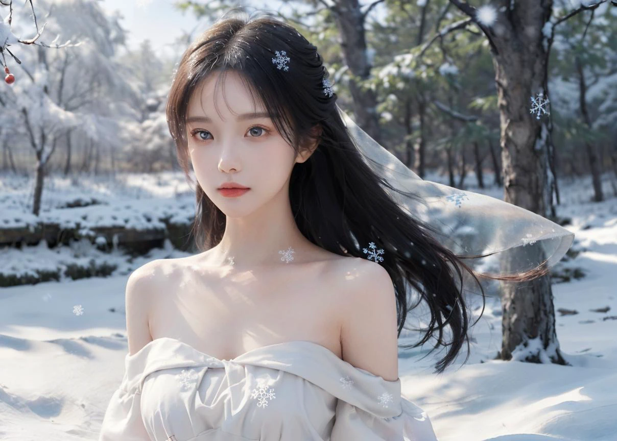 ((((ink))),((watercolor)),world masterpiece theater, ((best quality)),depth of field,((illustration)),(1 girl),anime face,medium_breast,floating,beautiful detailed sky,looking_at_viewers,an detailed organdie dress,very_close_to_viewers,bare_shoulder,golden_bracelet,focus_on_face,messy_long_hair,veil,upper_body,,lens_flare,light_leaks,bare shoulders,detailed_beautiful_Snow Forest_with_Trees, spirit,grey_hair,White clothes,((Snowflakes)),floating sand flow,navel,(beautiful detailed eyes), (8k_wallpaper)