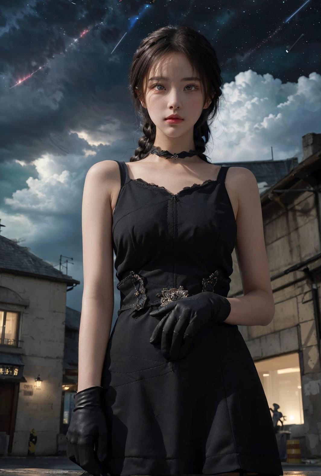 <lora:yanzhi_V1:1:1,0,0,0,0,0,0,0,0,0,0,0.8,1,1,1,1,1>,yanzhi, twenty-second century,urban street,city,((the girl in the middle:1.9)),(looking_at_viewer),expressionless,manless crossroads,(whole dark sky:1.5),(thick cumulonimbus cloud),gray hair,streaked hair,huge_filesize,high detail,(masterpiece),(best quality),(((an extreme delicated and beautiful girl))),(solo:1.4),beautiful sky,beautiful detailed eyes,((cowboy shot)),crossed bangs,medium hair,dress,(beautiful detailed black gloves:1.4),huge_filesize,wallpaper,masterpiece,ultra-detailed,illustration,beautiful detailed eyes,gorgeous,(((masterpiece))), illustration,detailed glow, (many-storied buildings),(wind lift),extremely detailed 4k CG,(despairing:1.4),Splayed braid,green eyes,1 girl,(in the middle of the intersection),(rainny), drizzle, loneliness, heavy sky, helpless eyes,sideway,highly detailed,black pupil,