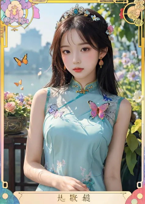 (((masterpiece))), ((the best quality, super fine illustrations, beautiful and delicate water)),Depth of field, fine 8KCG wallpapers, ( delicate light), ((cinematic lighting)),(portrait),Portrait lens,(((Alphonse Mucha))),((Fantasy style)),((shine)),(((Tarot card)))(young girl),(((China_Cheongsam))),(delicate eyelash),((cute anime face)),gradient hair,(lace),(ribbon),((crown)),(detailed cloth)((Butterfly)),(detailed Butterfly) ,(multicolored Butterfly),(neon palette),((detailed flowers)) ,((multicolored flowers)),(flowers_Surrounded),(Butterfly_Surrounded)(((Flowers fill the screen))),((Fill the screen))