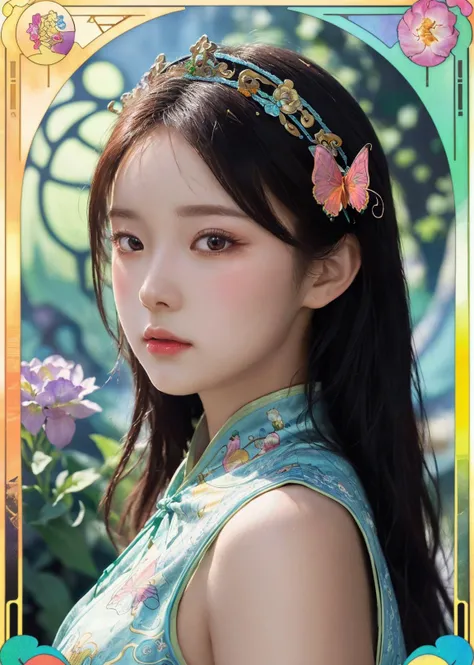 (((masterpiece))), ((the best quality, super fine illustrations, beautiful and delicate water)),Depth of field, fine 8KCG wallpapers, ( delicate light), ((cinematic lighting)),(portrait),Portrait lens,(((Alphonse Mucha))),((Fantasy style)),((shine)),(((Tarot card)))(young girl),(((China_Cheongsam))),(delicate eyelash),((cute anime face)),gradient hair,(lace),(ribbon),((crown)),(detailed cloth)((Butterfly)),(detailed Butterfly) ,(multicolored Butterfly),(neon palette),((detailed flowers)) ,((multicolored flowers)),(flowers_Surrounded),(Butterfly_Surrounded)(((Flowers fill the screen))),((Fill the screen))