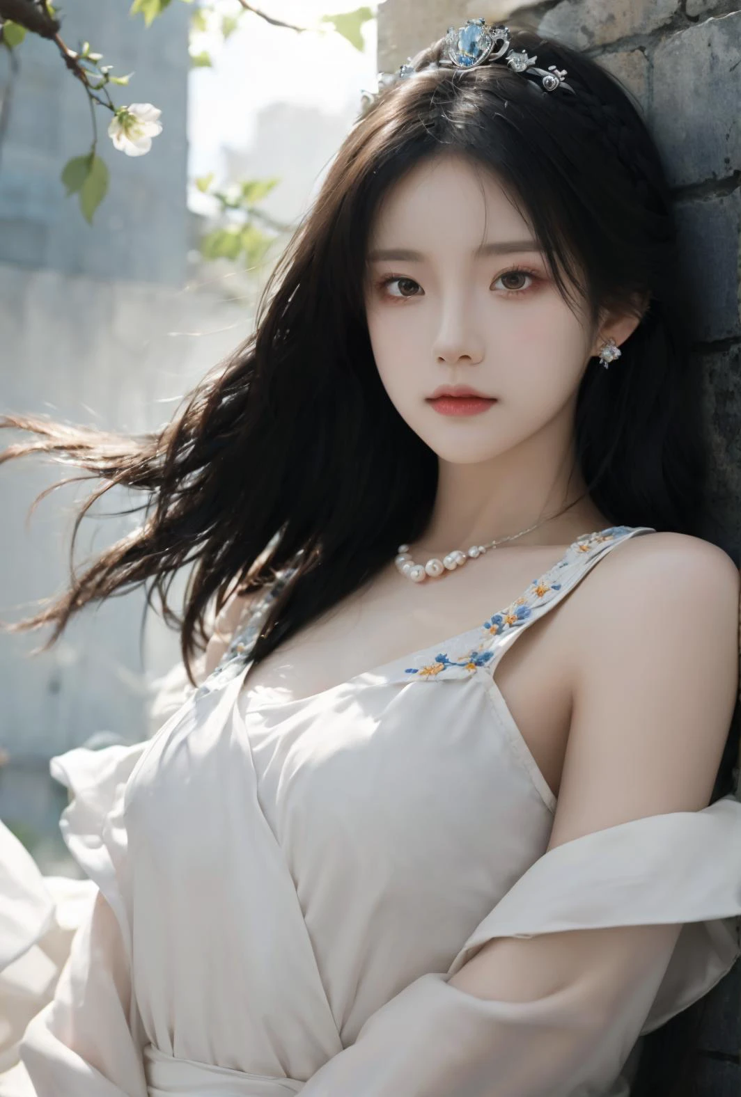 Best quality, masterpiece, high resolution, original, extremely detailed wallpape, a flower marries a girl, solo, highly detailed, cool image, beautiful, dramatic light, dramatic angle, penetrating eyes, (realistic), Black hair, jewel eyes, aestheticism, soft face, long hair braided, beautiful face, ultra detailed,lying petals, floating petals, falling petals, breeze, wind, sky, dusk, backlighting, cowboy shot, looking at viewer,Hanfu,She wore a lovely tiara,Hairpin,applique,embroidery,Huasun,women's hair ornament,Eardrop,Eardrop,pearl and jade necklace, colorful <lora:ä½é¥±å_LowSaturationãCCDç³»åã_v1.0:0.5>