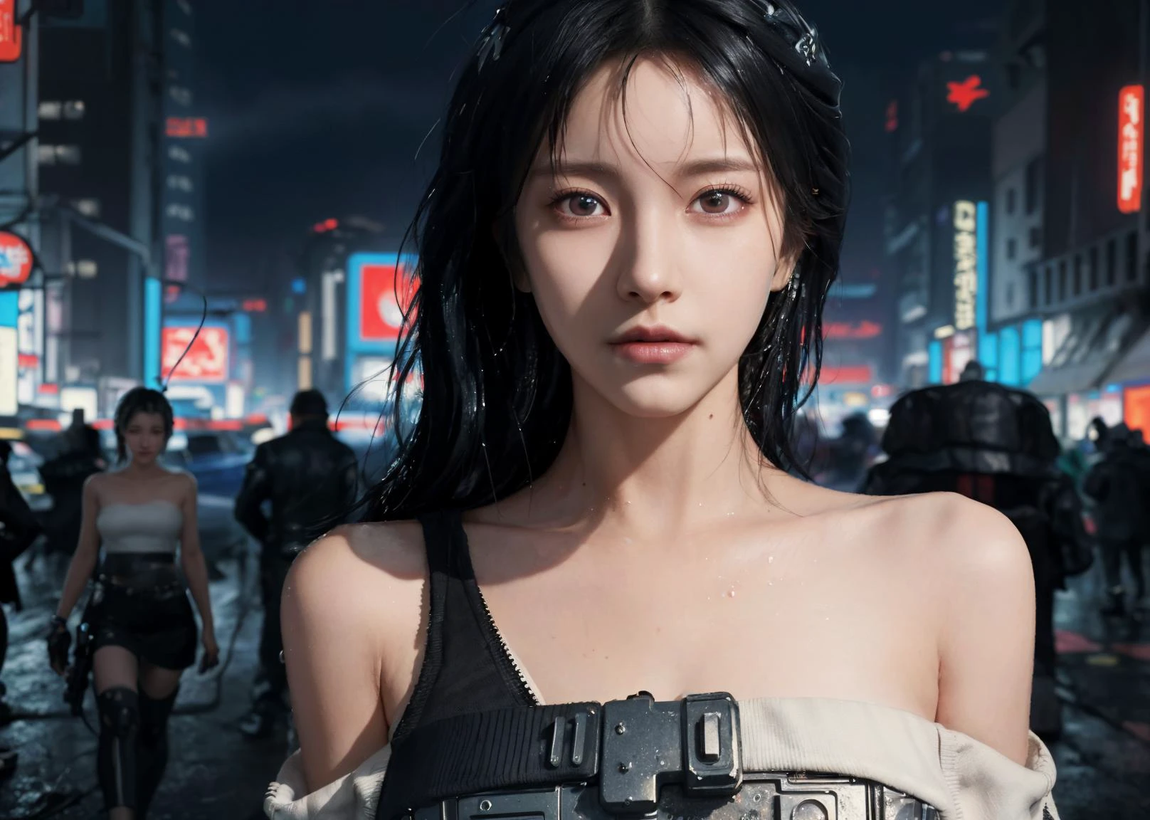 ((best quality)), ((masterpiece)) , ((ultra-detailed)), (illustration), (detailed light), (an extremely delicate and beautiful), ((1girl)), ((solo)), (beautiful detailed eyes), shiny hair,(((cyberpunk city))), light pollution, rainy night, wet, (((cropped shoulders))), depth of field