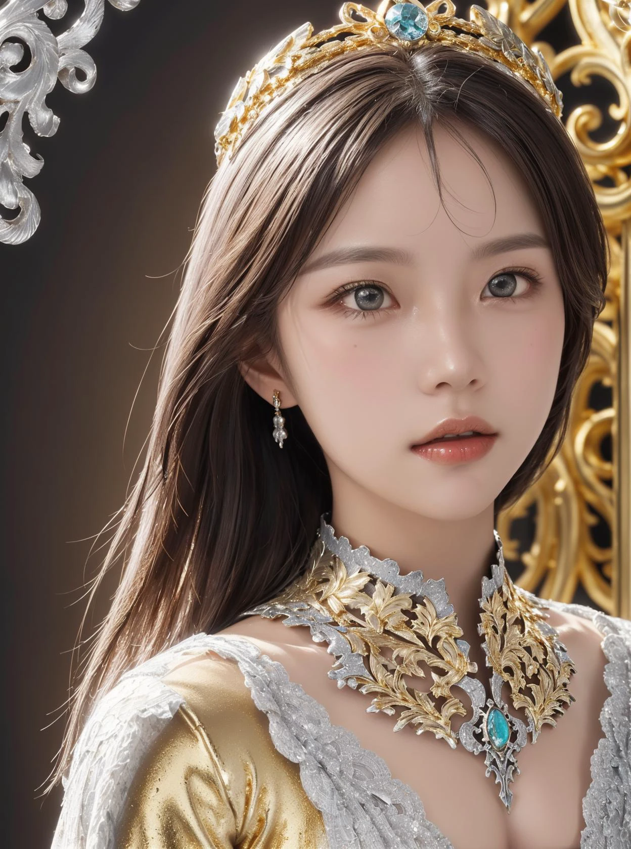 masterpiece, best quality, best quality, Amazing, beautiful detailed eyes,((1girl)), finely detailed, Depth of field, extremely detailed CG unity 8k wallpaper, full body,(other Minato aqua), westerner ,a westerner girl wears Clothes with a silver texture,((Extremely gorgeous metal style)),((Metal crown with ornate stripes)),((((Various metals background)))),Sputtered molten iron,(floating hair),((Hair like melted metal)),(((detailed face))), (((detailed eyes))),(((Clothes made of silver))),(((Clothes with gold lace))),((full body)),((((flowing gold and silver)))),