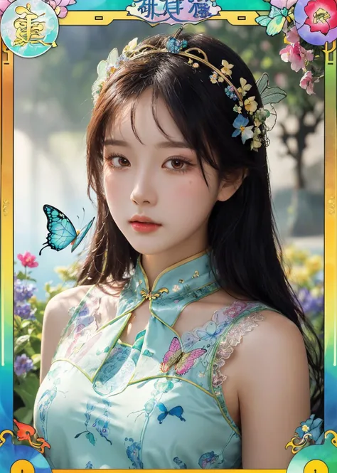 (((masterpiece))), ((the best quality, super fine illustrations, beautiful and delicate water)),Depth of field, fine 8KCG wallpapers, ( delicate light), ((cinematic lighting)),(portrait),Portrait lens,(((Alphonse Mucha))),((Fantasy style)),((shine)),(((Tarot card)))(young girl),(((China_Cheongsam))),(delicate eyelash),((cute anime face)),gradient hair,(lace),(ribbon),((crown)),(detailed cloth)((Butterfly)),(detailed Butterfly) ,(multicolored Butterfly),(neon palette),((detailed flowers)) ,((multicolored flowers)),(flowers_Surrounded),(Butterfly_Surrounded)(((Flowers fill the screen))),((Fill the screen))