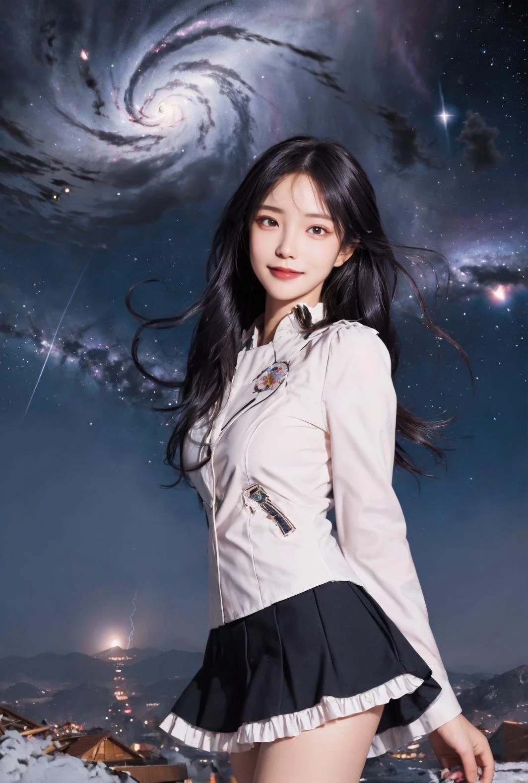 ((masterpiece)), (((best quality))), ((ultra-detailed)), ((illustration)), ((disheveled hair)), beautiful detailed eyes, (1girl:1.2),(solo), dynamic angle, dark magician girl,(black kneehighs:1.1),(starry tornado:1.4), starry Nebula, ((frills)), beautiful detailed sky, beautiful detailed eyes,evil smile, expressionless,hairs between eyes, white hair,pleated skirt,((disreveled hair)) <lora:yanzhi_V1:0.5>