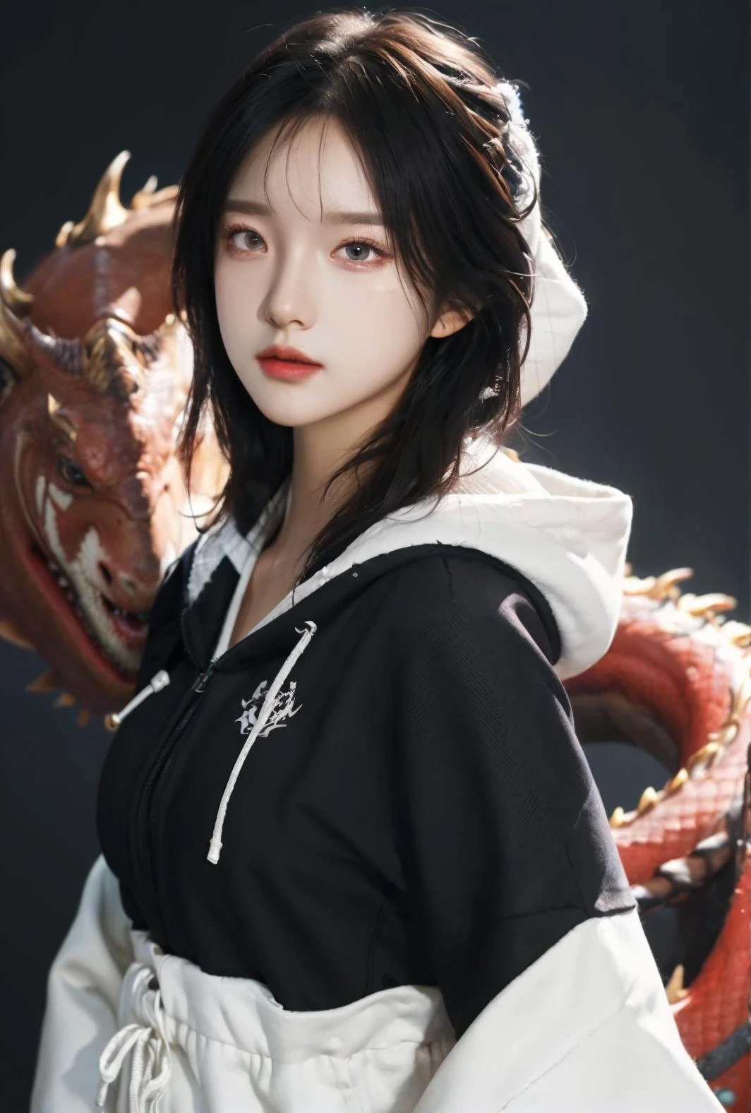 ((masterpiece)),(((best quality))),illustration,1 girl,mature female,small breast,beautiful detailed eyes,long sleeves, hoodie,frills, extremely detailed CG unity 8k wallpaper, Loong, dragon background, loong background, game cg, depth of field, Cape hood <lora:ä½é¥±å_LowSaturationãCCDç³»åã_v1.0:0.5>