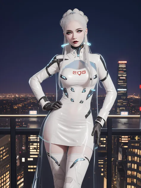 YJWJguqinghanSNX, 1girl, solo, white hair, long hair, blue eyes, breasts, jewelry, lips, makeup, see-through, dress, science fiction, hair ornament, gloves, long sleeves, thigh boots,  <lora:YJWJguqinghanSNX:0.75>,cityscape, night, looking at viewer, mature female, hand on hip,