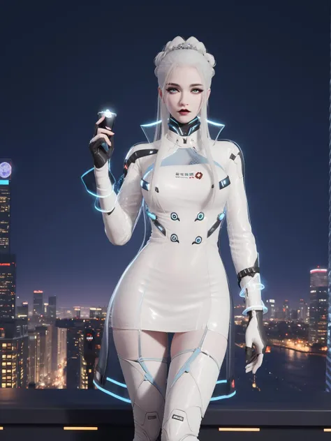 YJWJguqinghanSNX, 1girl, solo, white hair, long hair, blue eyes, breasts, jewelry, lips, makeup, see-through, dress, science fiction, hair ornament, gloves, long sleeves, thigh boots,  <lora:YJWJguqinghanSNX:0.75>,cityscape, night, looking at viewer, mature female, hand on hip,