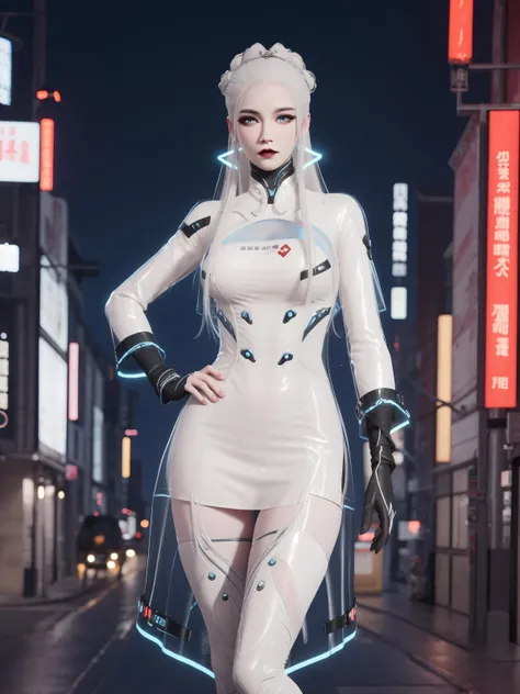 YJWJguqinghanSNX, 1girl, solo, white hair, long hair, blue eyes, breasts, jewelry, lips, makeup, see-through, dress, science fiction, hair ornament, gloves, long sleeves, thigh boots, <lora:YJWJguqinghanSNX:0.75>,cityscape, night, looking at viewer, mature female, hand on hip,