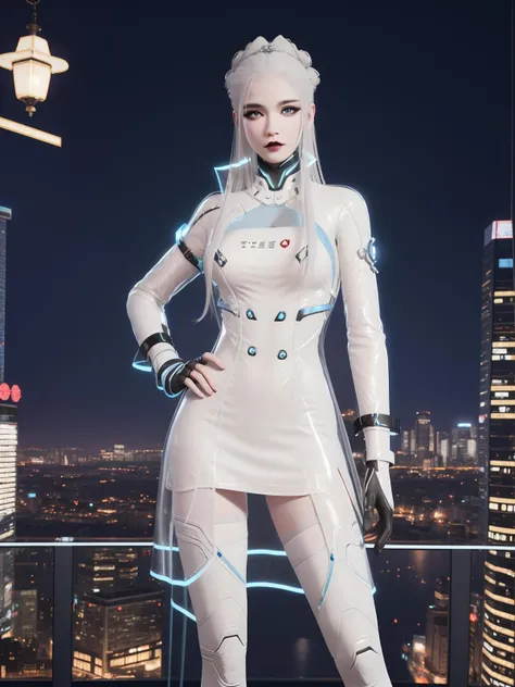 YJWJguqinghanSNX, 1girl, solo, white hair, long hair, blue eyes, breasts, jewelry, lips, makeup, see-through, dress, science fiction, hair ornament, gloves, long sleeves, thigh boots, <lora:YJWJguqinghanSNX:0.75>,cityscape, night, looking at viewer, mature female, hand on hip,