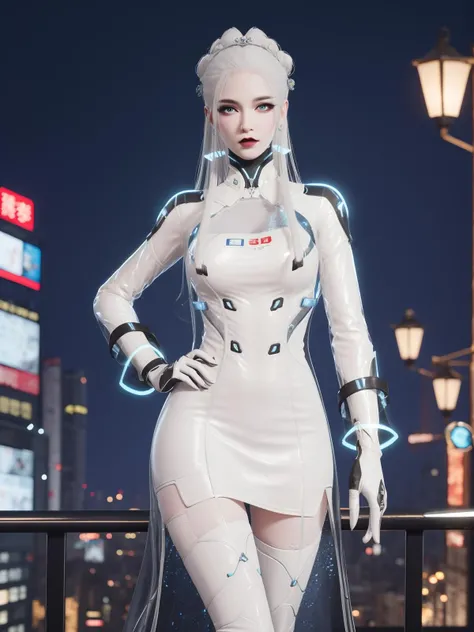 YJWJguqinghanSNX, 1girl, solo, white hair, long hair, blue eyes, breasts, jewelry, lips, makeup, see-through, dress, science fiction, hair ornament, gloves, long sleeves, thigh boots, <lora:YJWJguqinghanSNX:0.75>,cityscape, night, looking at viewer, mature female, hand on hip,
