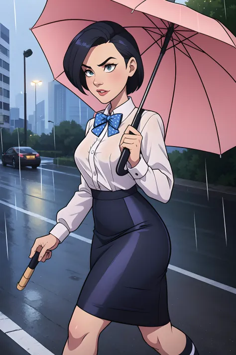 (masterpiece, best quality), 1girl, Blue-gray Textured Spiky Hair with Low Fade, small breasts, Khaki Bowtie neck blouse with a polka-dot print. and Fitted pencil skirt with a striped pattern, tube socks, Walking with an umbrella in the rain, looking determined and resilient.