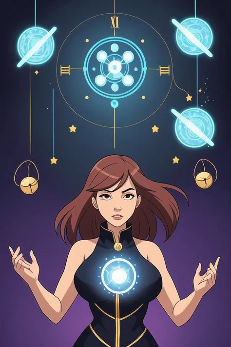 woman surrounded by floating clocks and powerful magic