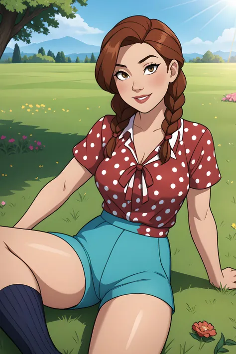 (masterpiece, best quality),1girl, Dark red Dutch Side Braid with Bobby Pins, medium breasts, Carnation Tie-front wrap blouse with a polka-dot print. and dolphin shorts, loose socks, Lying on a grassy hill, arms spread out, looking like a starfish and enjoying the sun.