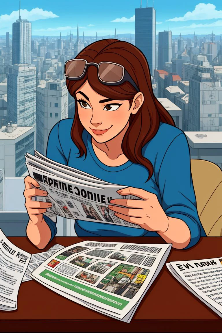 cartoon style, 1girl, brown hair, one_goggle_on_head, desk, one_newspaper, contemplative_smile, high quality, cityscape