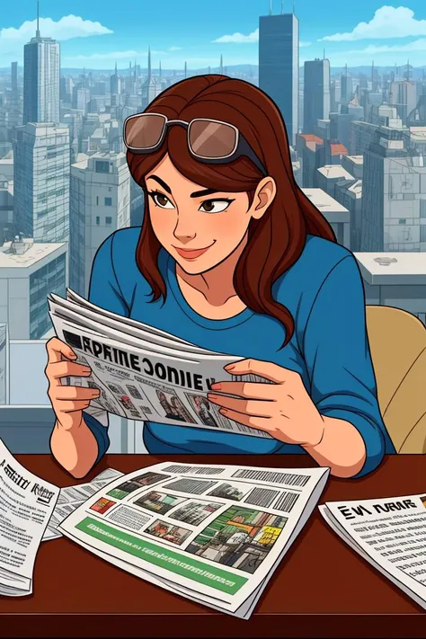 cartoon style, 1girl, brown hair, one_goggle_on_head, desk, one_newspaper, contemplative_smile, high quality, cityscape