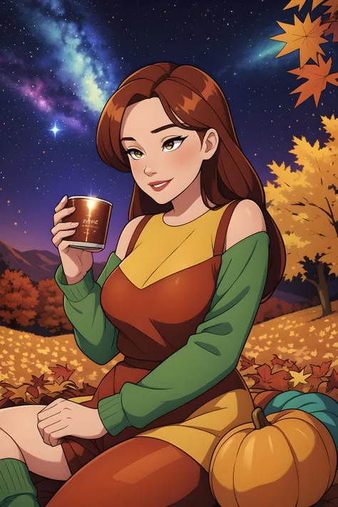 (masterpiece, best quality), 1girl, Cozy Autumn themed Galaxy, flowing, swirling Autumn colors, high contrast, bright stars, Autumn galaxy, fall decor, Autumn elements