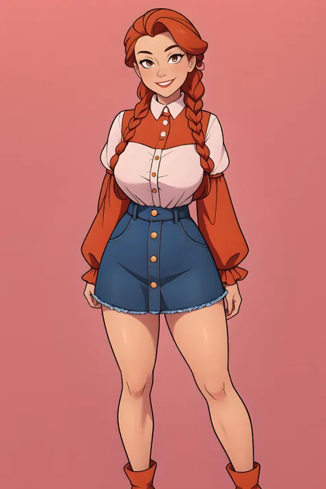 (masterpiece, best quality), 1girl, Orange-red Messy Side Braid, big breasts, Crimson Smocked ruffle-sleeve top and Denim skater skirt with a button-down front, leg warmers, Standing with arms crossed and a confident smile.