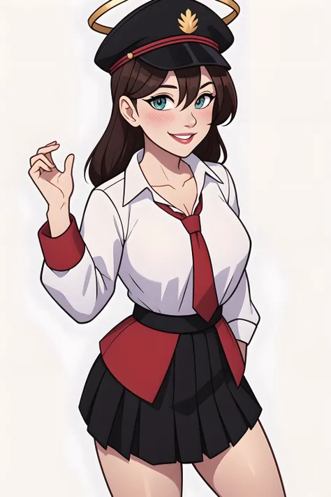 (masterpiece, best quality)iroha ba, 1girl,solo, open jacket, white background, black shirt, blush, jacket, long sleeves, military hat, red necktie, simple background, hair between eyes, looking at viewer, open clothes, halo, collared shirt, collarbone, armband,smile,happy,parted lips, short skirt,black skirt