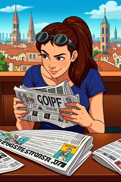 cartoon style, 1girl, brown hair, (goggle_on_head:1.3), t-shirt, no_helmets, desk, (one_newspaper:1.2), contemplative_smile, high quality, (medieval_cityscape:1.2)