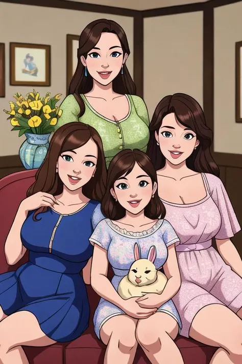 portrait of beautiful 34yo 1girl, Mother of 3girls, multiple-girls-with-different-ages-and-features, Sitting for a family photo with the girls in the livingroom, familytime, easter season, (detailed, highres, best-quality, masterpiece)1.2