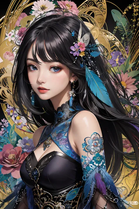 1girl,moyou,(masterpiece, top quality, best quality, official art, beautiful and aesthetic:1.2),(1girl:1.3),extremely detailed,(fractal art:1.1),(colorful:1.1)(flowers:1.3),highest detailed,(zentangle:1.2),(dynamic pose),(abstract background:1.3),(many colors:1.4),(earrings),(feathers:1.5).,
