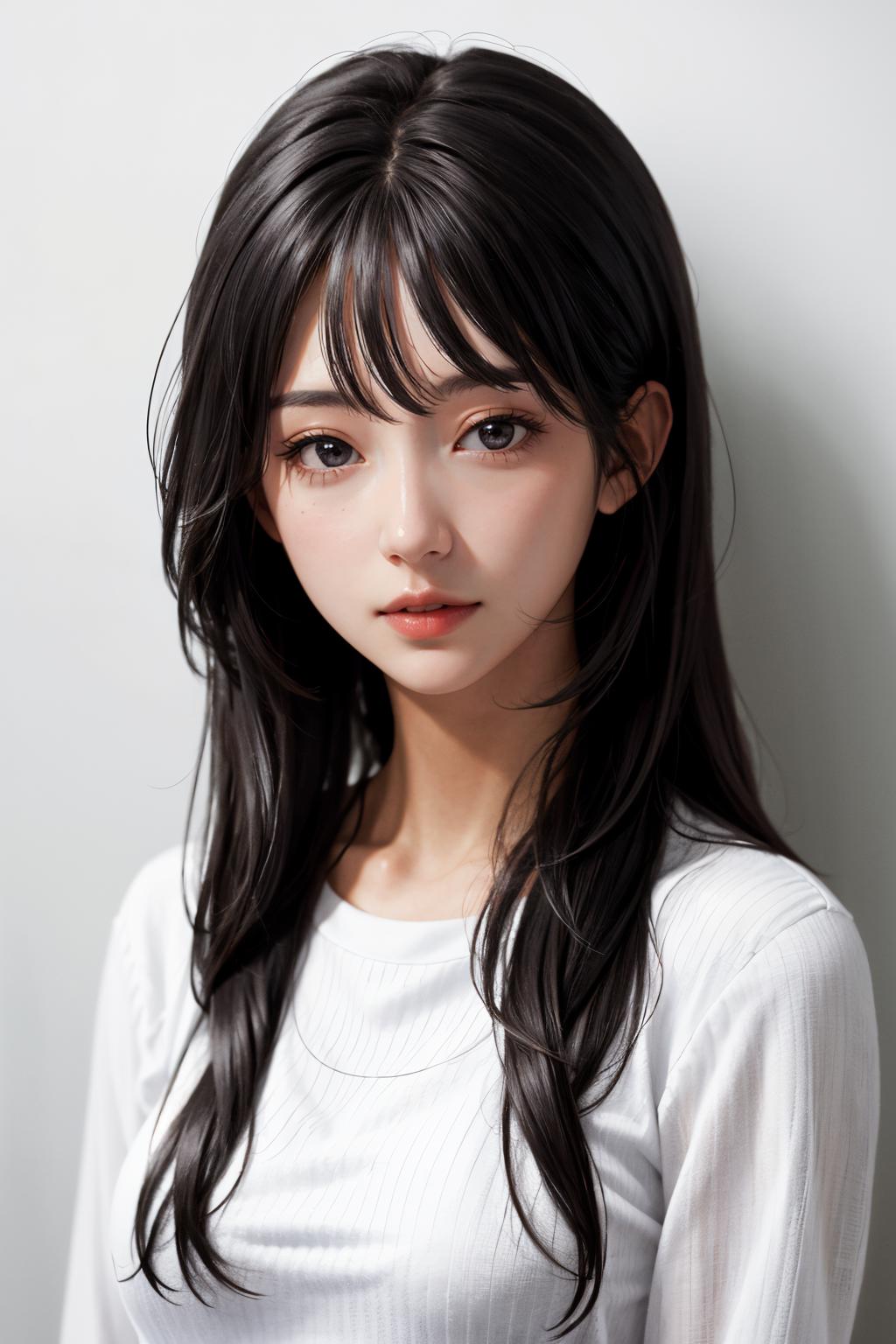 A woman with long black hair and a white shirt - SeaArt AI