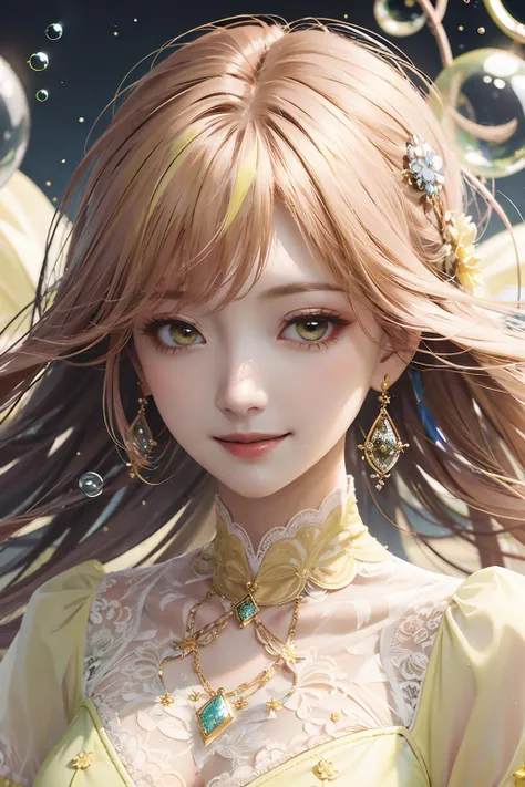 1girl,moyou,mature_female,(luminous skin:1.2), smile, pink curly hair,(gorgeous (yellow:1.5) lace dress),Face close-up,(rich details:1.1),incredibly absurdres,(Floating with colorful bubbles:1.2),